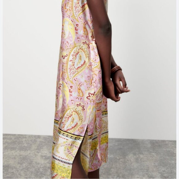 ZARA Floral Paisley Satin Kaftan Tunic Dress  Pink & Gold Women Small  Boho  NWT - Picture 11 of 14